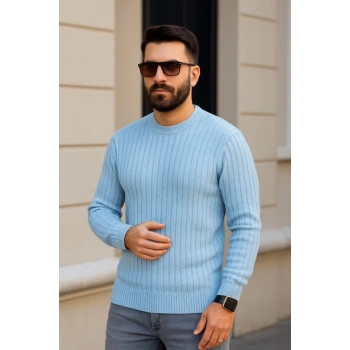 MARSiLYAN- Erkek Bisiklet Yuvarlak Yaka Triko Kazak Pamuklu Kalın Fitilli Dokuma, Regular Fit Uzun Kollu Kışlık Model - Bebe Mavisi