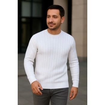 MARSiLYAN- Erkek Bisiklet Yuvarlak Yaka Triko Kazak Pamuklu Kalın Fitilli Dokuma, Regular Fit Uzun Kollu Kışlık Model - Beyaz