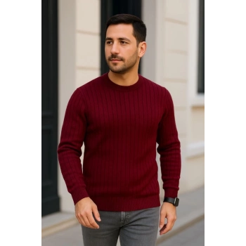 MARSiLYAN- Erkek Bisiklet Yuvarlak Yaka Triko Kazak Pamuklu Kalın Fitilli Dokuma, Regular Fit Uzun Kollu Kışlık Model - Bordo