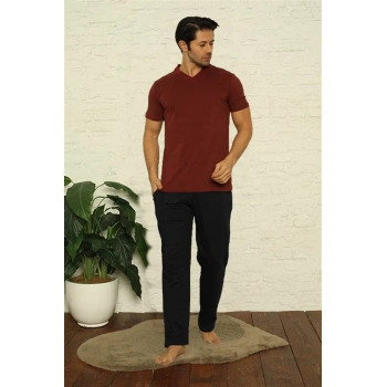 MARSiLYAN- Erkek Bordo V Yaka 3lü Pijama Takım