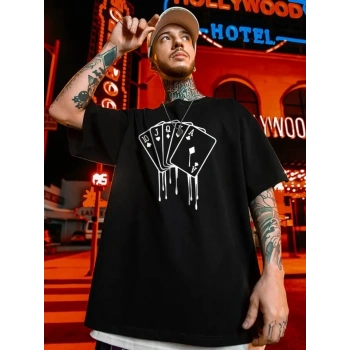 MARSiLYAN- Erkek Büyük Beden Kart Baskılı Düz Renk Kısa Kollu Bisiklet Yaka Tişört Gündelik Giyim