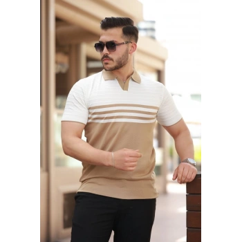 MARSiLYAN- Erkek çizgi Desenli Yakalı Kısa Kollu T-shirt