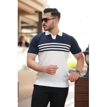 MARSiLYAN- Erkek çizgi Desenli Yakalı Kısa Kollu T-shirt