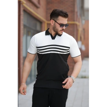 MARSiLYAN- Erkek çizgi Desenli Yakalı Kısa Kollu T-shirt