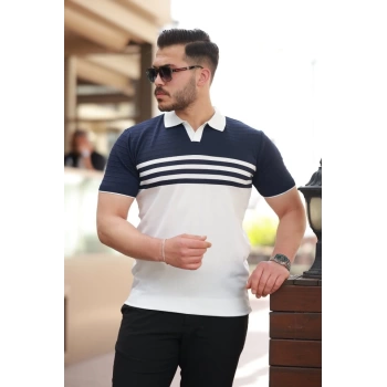 MARSiLYAN- Erkek çizgi Desenli Yakalı Kısa Kollu Tshirt