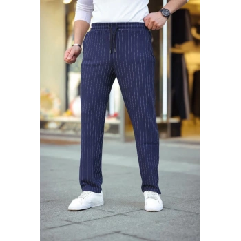 MARSiLYAN- Erkek Cizgili Dokuma Krep Jogger Buggy Pantalon Rahat Kalıp - Lacivert