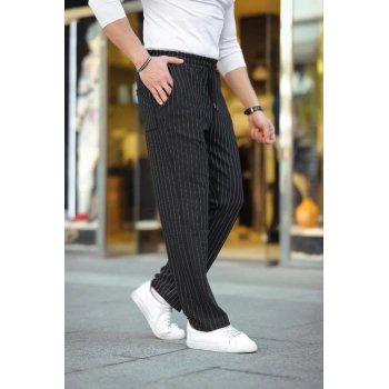 MARSiLYAN- Erkek Cizgili Dokuma Krep Jogger Buggy Pantalon Rahat Kalıp - Siyah