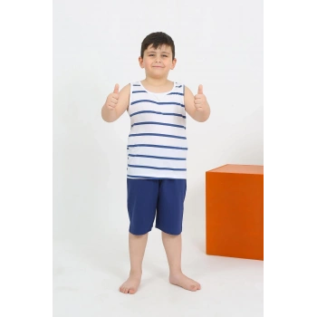 MARSiLYAN- Erkek Çocuk Sıfır Kol Şortlu Beyaz Penye Pijama Takımı