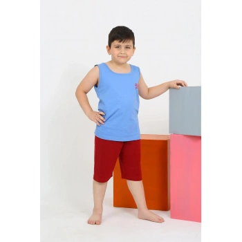 MARSiLYAN- Erkek Çocuk Sıfır Kol Şortlu Mavi Penye Pijama Takımı