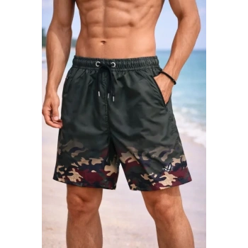 MARSiLYAN- Erkek Deniz Şortu Fermuarlı Cepli File Astarlı Hızlı Kuruyan Premium - Haki