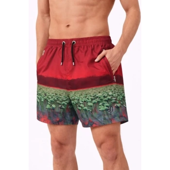 MARSiLYAN- Erkek Deniz Şortu Fermuarlı Cepli File Astarlı Hızlı Kuruyan Premium - Kırmızı