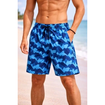 MARSiLYAN- Erkek Deniz Şortu Fermuarlı Cepli File Astarlı Hızlı Kuruyan Premium - Mavi