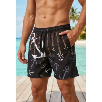 MARSiLYAN- Erkek Deniz Şortu Fermuarlı Cepli File Astarlı Hızlı Kuruyan Premium - Siyah