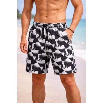 MARSiLYAN- Erkek Deniz Şortu Fermuarlı Cepli File Astarlı Hızlı Kuruyan Premium - Siyah