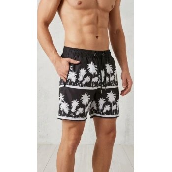 MARSiLYAN- Erkek Deniz Şortu Fermuarlı Cepli File Astarlı Hızlı Kuruyan Premium - Siyah