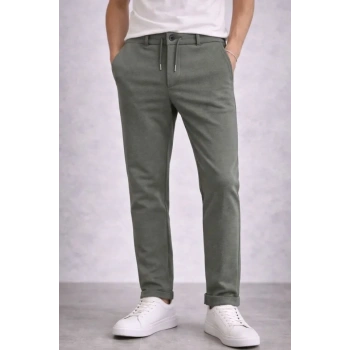 MARSiLYAN- Erkek Diagonel Mikro Dokulu Duble Paça Cepli Pantolon Bağcıklı Bel, Modern Kesim - Haki