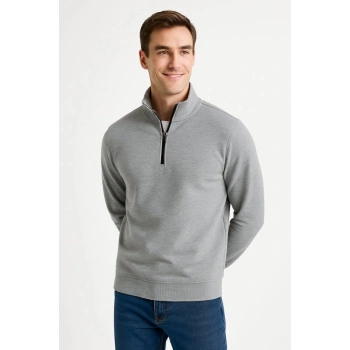 MARSiLYAN- Erkek Dik Yaka Sweatshirt Dik Yaka Yarım Fermuarlı 3 İplik Şardonlu Pamuk Kumaş - Gri