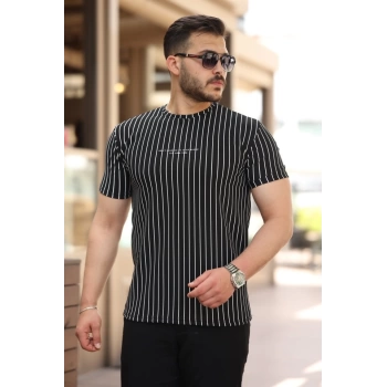 MARSiLYAN- Erkek Dikey çizgili Ottoman Kumaş Kısa Kollu Tshirt