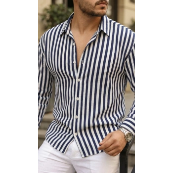 MARSiLYAN- Erkek Dikey Çizgili Yarım Oversize Gömlek