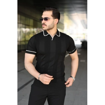 MARSiLYAN- Erkek Dokulu Desen Yakalı Kısa Kollu Tişört