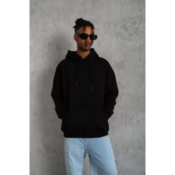 MARSiLYAN- Erkek Düz Kapüşonlu Sweat - Siyah