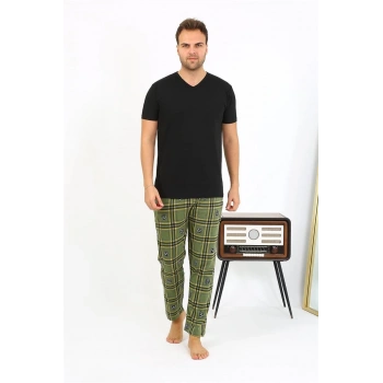 MARSiLYAN- Erkek Ekoseli Desen Penye Tek Alt Pijama Haki