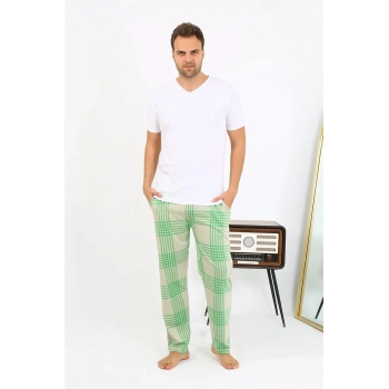 MARSiLYAN- Erkek Ekoseli Desen Penye Tek Alt Pijama Yeşil