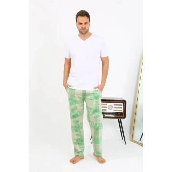 MARSiLYAN- Erkek Ekoseli Desen Penye Tek Alt Pijama Yeşil