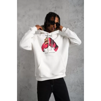 MARSiLYAN- Erkek Eldiven Baskılı Kapüşonlu Sweat - Beyaz