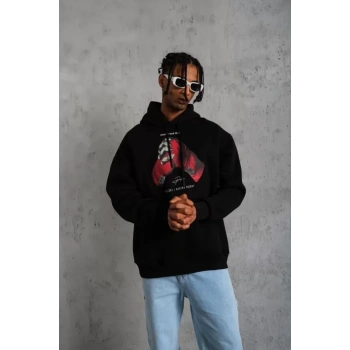 MARSiLYAN- Erkek Eldiven Baskılı Kapüşonlu Sweat - Siyah