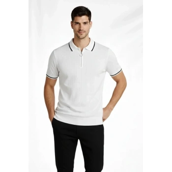 MARSiLYAN- Erkek Fermuarlı Yaka Fitilli Triko Kısa Kollu Regular Fit Tişört T-shirt - Beyaz