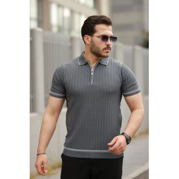 MARSiLYAN- Erkek Fermuarlı Yakalı Kısa Kollu T-shirt