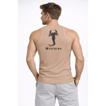 MARSiLYAN- Erkek Fitilli Atlet Sıfır Yaka Slim Fit Arka Baskılı Spor Atlet - Bej