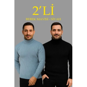 MARSiLYAN- Erkek Fitilli Triko Kazak 2li Set Bebek Mavisi Siyah Regular Balıkcı Yaka Tam Boğazlı Triko Seti Modeli Kazak