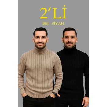 MARSiLYAN- Erkek Fitilli Triko Kazak 2li Set Bej Siyah Regular Balıkcı Yaka Tam Boğazlı Triko Seti Modeli Kazak