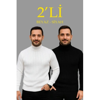 MARSiLYAN- Erkek Fitilli Triko Kazak 2li Set Beyaz Siyah Regular Balıkcı Yaka Tam Boğazlı Triko Seti Modeli Kazak