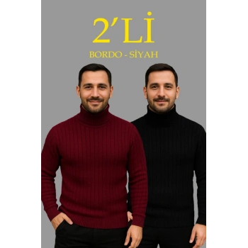 MARSiLYAN- Erkek Fitilli Triko Kazak 2li Set Bordo Siyah Regular Balıkcı Yaka Tam Boğazlı Triko Seti Modeli Kazak
