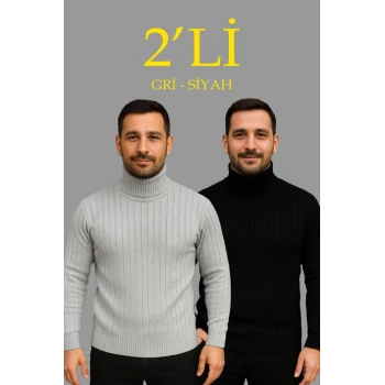 MARSiLYAN- Erkek Fitilli Triko Kazak 2li Set Gri Siyah Regular Balıkcı Yaka Tam Boğazlı Triko Seti Modeli Kazak
