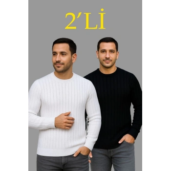 MARSiLYAN- Erkek Fitilli Triko Kazak 2’li Set – Siyah - Beyaz, Kalın Dokuma Pamuklu Regular Fit Bisiklet Yaka Uzun Kollu Rahat Kışlık Kazak Kombini