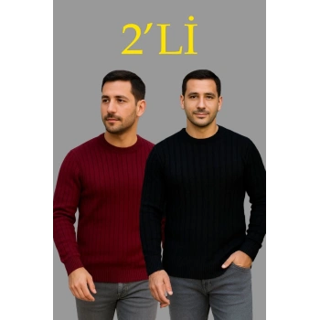 MARSiLYAN- Erkek Fitilli Triko Kazak 2’li Set – Siyah - Bordo, Kalın Dokuma Pamuklu Regular Fit Bisiklet Yaka Uzun Kollu Rahat Kışlık Kazak Kombini