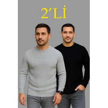 MARSiLYAN- Erkek Fitilli Triko Kazak 2’li Set – Siyah - Gri, Kalın Dokuma Pamuklu Regular Fit Bisiklet Yaka Uzun Kollu Rahat Kışlık Kazak Kombini