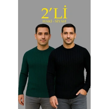 MARSiLYAN- Erkek Fitilli Triko Kazak 2’li Set Siyah Haki Kalın Dokuma Pamuklu Regular Fit Bisiklet