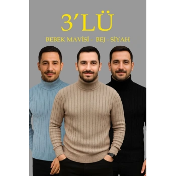 MARSiLYAN- Erkek Fitilli Triko Kazak 3lÜ Set Bebek Mavisi Bej Siyah Regular Balıkcı Yaka Tam Boğazlı Triko Seti Modeli Kazak
