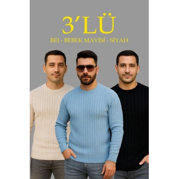 MARSiLYAN- Erkek Fitilli Triko Kazak 3’lü Set – Bej, Bebek Mavisi, SiyahKalın Dokuma Pamuklu Regular Fit Bisiklet Yaka Uzun Kollu Kışlık Ve Baharlık Rahat Triko Kombini