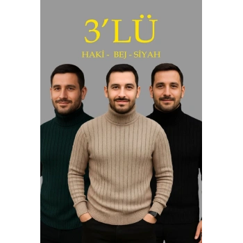 MARSiLYAN- Erkek Fitilli Triko Kazak 3lÜ Set Bej Haki Siyah Regular Balıkcı Yaka Tam Boğazlı Triko Seti Modeli Kazak