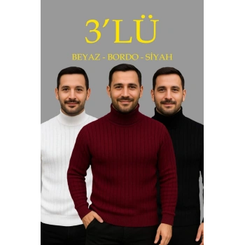 MARSiLYAN- Erkek Fitilli Triko Kazak 3lÜ Set Beyaz Bordo Siyah Regular Balıkcı Yaka Tam Boğazlı Triko Seti Modeli Kazak