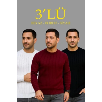 MARSiLYAN- Erkek Fitilli Triko Kazak 3lü Set Beyaz Bordo Siyah Regular Fit Bisiklet Yaka Triko Seti