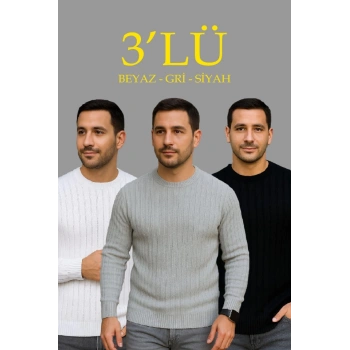 MARSiLYAN- Erkek Fitilli Triko Kazak 3’lü Set – Beyaz, Gri, SiyahKalın Dokuma Pamuklu Regular Fit Bisiklet Yaka Uzun Kollu Kışlık Ve Baharlık Rahat Triko Kombini