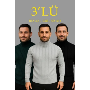 MARSiLYAN- Erkek Fitilli Triko Kazak 3lÜ Set Gri Haki Siyah Regular Balıkcı Yaka Tam Boğazlı Triko Seti Modeli Kazak