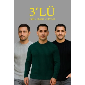 MARSiLYAN- Erkek Fitilli Triko Kazak 3lü Set Gri Haki Siyah Regular Fit Bisiklet Yaka Triko Seti Modeli Kazak
